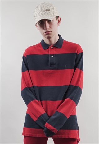 VINTAGE 90'S RALPH LAUREN RED/ NAVY STRIPED POLO SWEATER