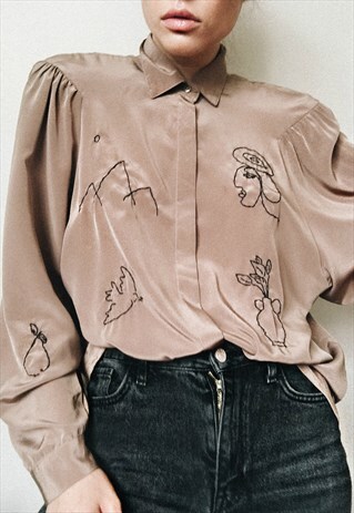HAND EMBROIDERED POWDER-BROWN VINTAGE BLOUSE