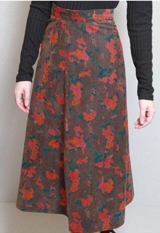 VINTAGE 1970'S BROWN FLORAL CORDUROY A-LINE MIDI SKIRT