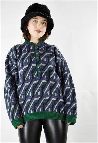 90S VINTAGE OLLY GAN FIVE BUTTON GRAPHIC PRINT KNIT JUMPER