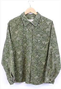 Vintage Corduroy Shirt Green Long Sleeve Floral Patterned 