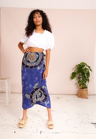 VINTAGE 90S WRAP FRONT SKIRT IN TIE DYE TURTLE PRINT
