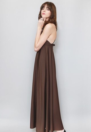 VINTAGE 1970'S CHOCOLATE BROWN SLINKY PLAITED MAXI DRESS