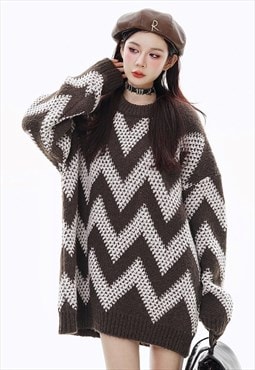 Striped sweater zigzag jumper knitted mesh top in brown 