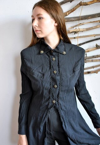 VINTAGE BLACK SUIT SHIRT, LONG WOMEN VICTORIAN STYLE BLOUSE