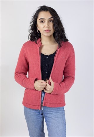 VINTAGE TOMMY HILFIGER LIGHT RED ZIP-UP KNIT JUMPER