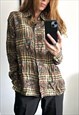 CHECK PLAID PAISLEY BROWN KHAKI ELEGANT BLOUSE SHIRT L
