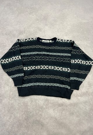 VINTAGE KNITTED JUMPER ABSTRACT PATTERNED GRANDAD SWEATER