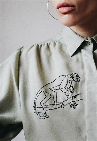 HAND EMBROIDERED KHAKI GREEN WOOLEN SHIRT