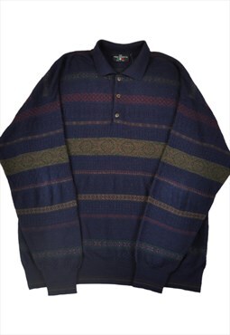 Vintage Knitted Polo Shirt Jumper Retro Pattern Navy XL