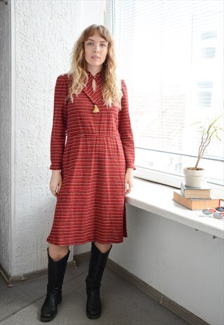 Vintage 70's Red Striped Glitter Thread Midi Dress