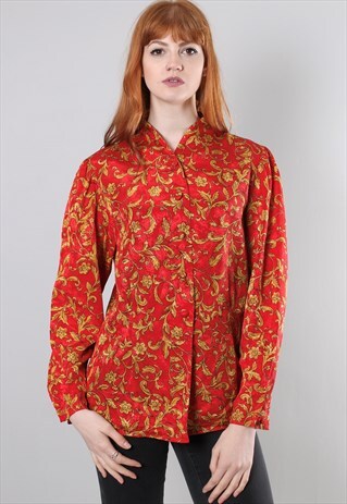 VINTAGE 80S SATIN PATTERNED CHINESE STYLE NECK BLOUSE