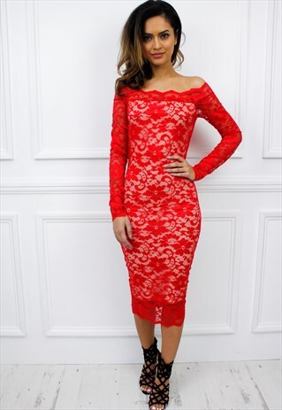 BARDOT OFF SHOULDER RED LACE MIDI BODYCON DRESS