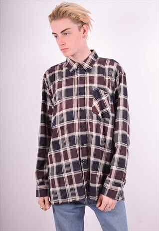 MENS VINTAGE FLANNEL SHIRT XL BROWN CHECK 90'S