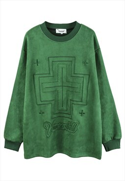 Green embroidered Logo Suede Oversized Jumper Y2k