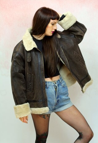 1980S VINTAGE DARK BROWN REAL LEATHER AVIATOR JACKET