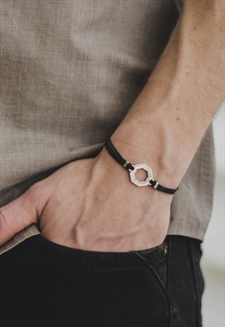 SILVER HEXAGON BRACELET FOR MAN, BLACK STRING, GIFT FOR HIM
