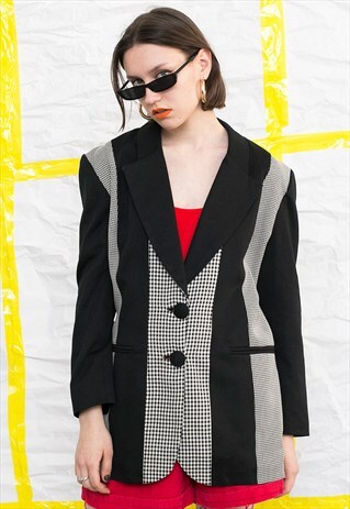 VINTAGE 80S BLACK AND WHITE HOUNDSTOOTH CHECKED BLAZER
