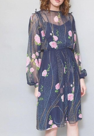 VINTAGE 1970'S PREMIUM BLUE FLORAL PRINT DRESS