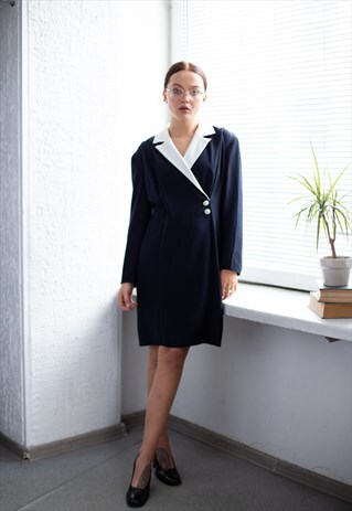 VINTAGE 80'S NAVY WHITE COLLAR LONG SLEEVED MINI DRESS