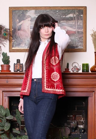 VINTAGE 70S RED VELVET EMBROIDERED TURKISH FESTIVAL VEST