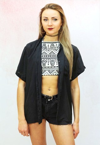 1990S VINTAGE BLACK OVERSIZED BOYFRIEND PURE SILK SHIRT