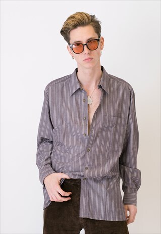 VINTAGE GREY STRIPED LONG SLEEVE RETRO SHIRT