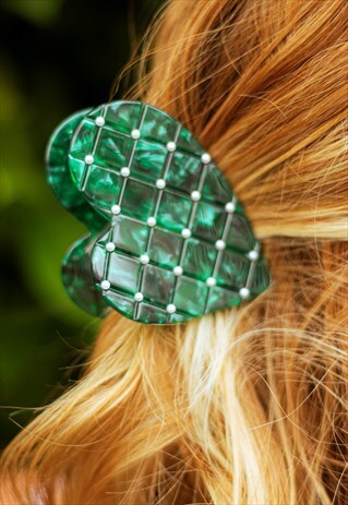 Green Quilted Style Heart Claw Hair Clip
