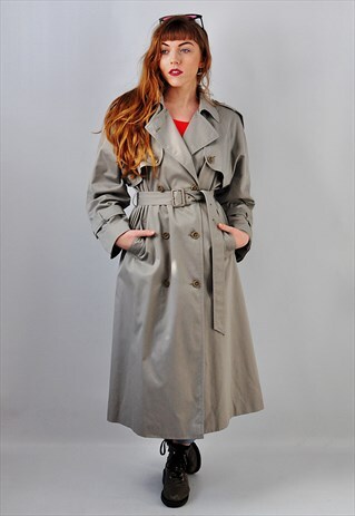 VINTAGE 90S LONG OLIVE GREY MAC DANNIMAC TRENCH COAT