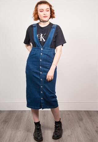 VINTAGE 90'S DARK BLUE DENIM PENCIL SKIRT PINAFORE DRESS