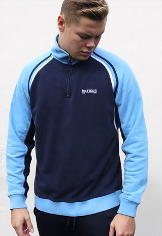 BABY BLUE AND NAVY QUARTER ZIP TOMMY HIFLIGER SWEATSHIRT