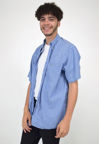 VINTAGE 90'S LACOSTE BLUE & WHITE STRIPED SHORT SLEEVE SHIRT