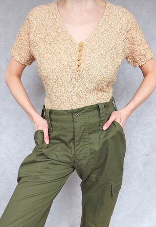 Vintage Elastic Body, Beige Lace Bodysuit, Medium Size
