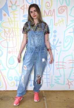Dungarees Denim Loose Fit Ripped Faded Wash Size XL / L 
