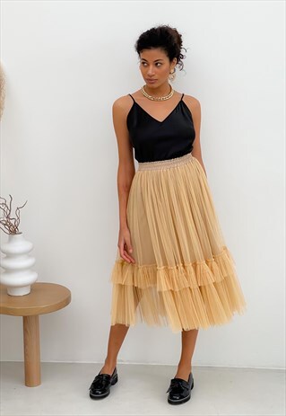 NUDE COLOR TULLE SKIRT WITH RUFFLES AIRSKIRT