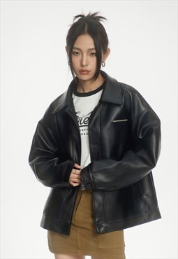 Faux leather varsity jacket smart PU grunge bomber in black