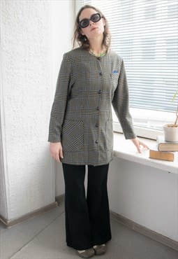 Vintage 80's Grey Wool Long Fit No Collar Houndstooth Blazer