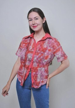 Vintage abstract pink blouse, short sleeve retro shirt 