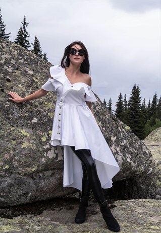 OFF SHOULDER DRESS/RUFFLED/WHITE KAFTAN/TOP/MAXI/F1715