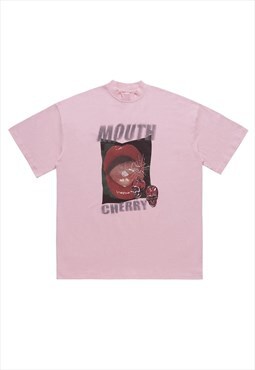 Lips print t-shirt grunge lipstick tee mouth top in pink