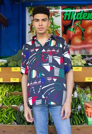 VINTAGE UNISEX PATTERNED SHORT SLEEVED SHIRT FESTIVAL TOP