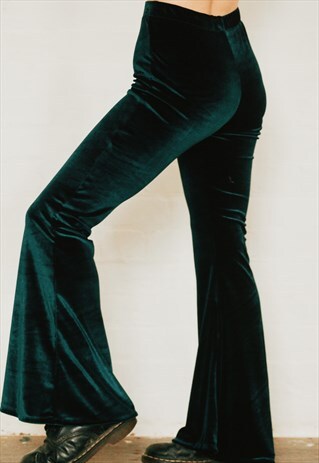 GREEN HIGH WAISTED VELVET BELL BOTTOM FLARES