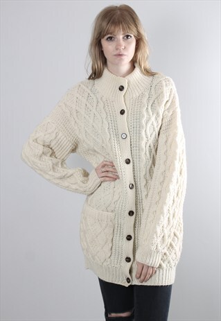 VINTAGE 80S CREAM CABLE KNIT LONG WOOL CARDIGAN