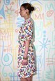 DRESS VINTAGE 80S WHITE FLORAL PRINT KNEE LENGTH 12 REVIVAL