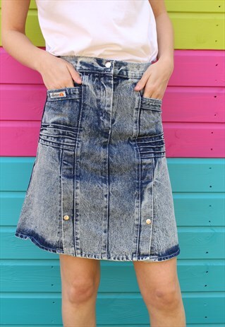 VINTAGE 90S BLUE ACID WASH HIGH WAIST SUMMER DENIM SKIRT