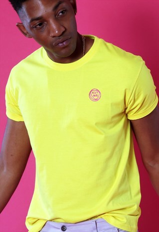 EAT ME YELLOW WITH PINK EMBROIDERED TSHIRT