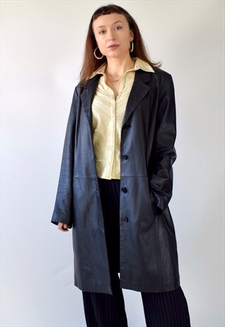 VINTAGE 1990S BLACK LEATHER LONGLINE MATRIX BLAZER JACKET M