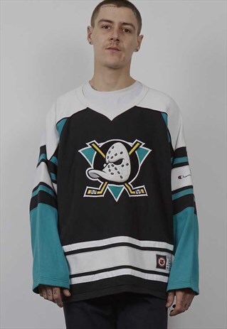 VINTAGE 90'S CHAMPION HOCKEY BLACK/ GREEN V-NECK SWEATER