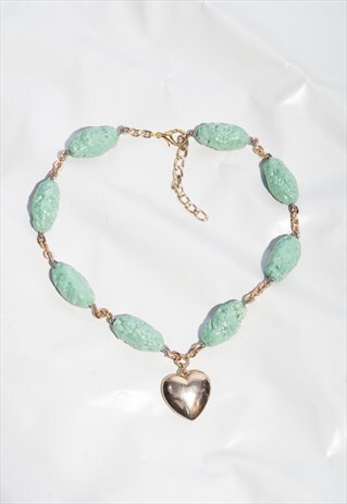 REWORKED NECKLACE 80S VINTAGE CERAMICS BEAD Y2K GOLD HEART