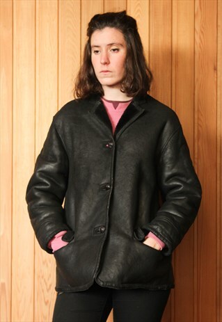 VINTAGE 1970S BLACK SHEEPSKIN SHEARLING SUEDE WINTER COAT